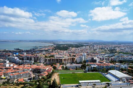 Aerial view of Almada rooftop from Christo Rei statue  in  Lisbon - Portugalの写真素材