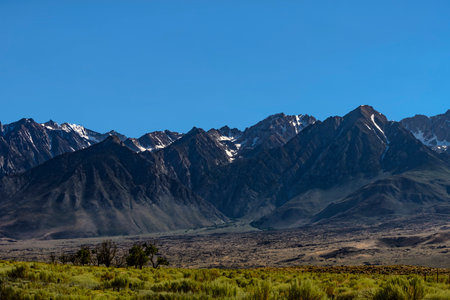 Beautiful Sierra Nevada Mountain range meeting the desert. Desert shrubs and grass in the foreground. Blue, sunny sky.の写真素材
