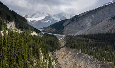 Stunning view of peaks and glaciers at Columbia Ice field, Alberta, Canada. Green trees, grass and river in the foregroundの写真素材