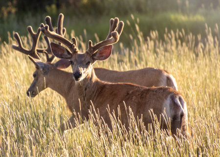 Stag mule deer grazing during the golden hourの写真素材