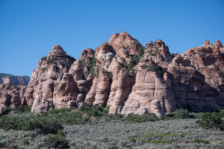 Majestic red rock formations tower above lush greenery in a desert setting. The rugged landscape features distinct rock structures under a bright blue sky, showcasing natural beauty and serenity.の写真素材