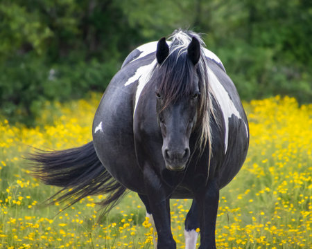 A black and white horse with a striking coat stands proudly in a field filled with bright yellow...