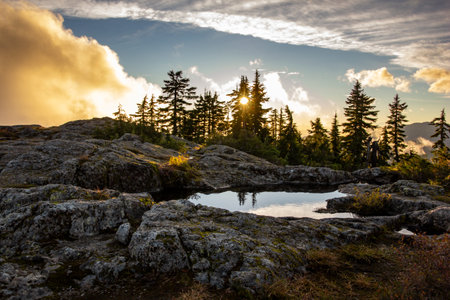 As the sun sets, the sky is painted with warm hues while a calm pond reflects the vibrant colors...