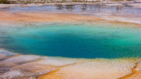 A stunning geothermal hot spring reveals striking shades of blue and orange surrounding a clear water pool. This vibrant natural phenomenon is set in a national park, attracting visitors.の写真素材