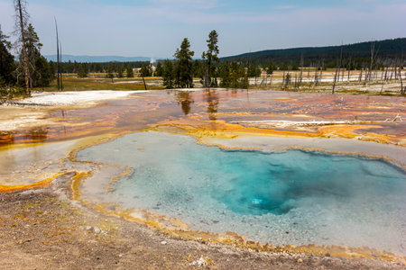 Brightly colored geothermal pool reflects sunlight in Yellowstone National Park. Nearby mineral deposits add to the beauty of this natural wonder, attracting visitors seeking adventure.の写真素材