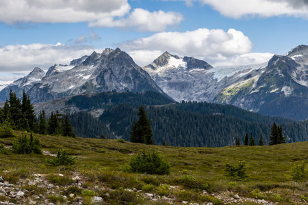 Towering peaks rise dramatically against a blue sky filled with clouds. Verdant trees and grass cover the foreground, creating a serene atmosphere in the vast wilderness.の写真素材