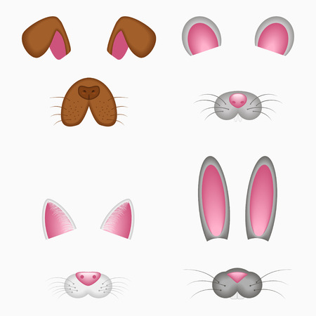 Animal face elements - ears and nose. Dog, mouse, cat, bunny, rabbit or hare. Selfie photo and video chart filter with cartoon animals mask. Vector illustration.のイラスト素材