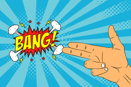 Male hand with two fingers - gun or pistol gesture and speech bubble - BANG. Comic illustration in pop art retro style at sunburst background with dot halftone effect. Vector.のイラスト素材