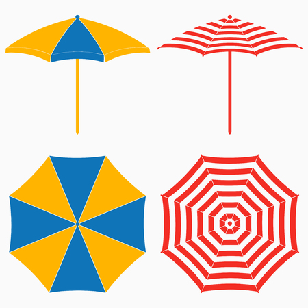 Beach umbrella, top and side view. Set of striped sun parasols set. Vector illustration.のイラスト素材