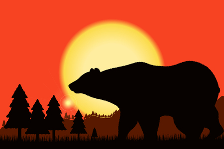 Bear black silhouette on background of the sunset and mountain landscape - rock, woods, forest. Vector illustration.のイラスト素材