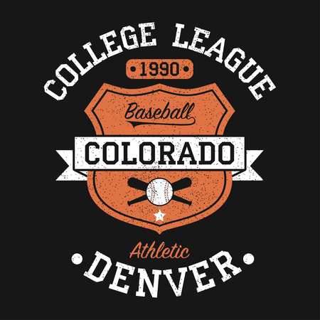 Colorado, Denver vintage baseball graphic for t-shirt. Original clothes design with grunge and shield. Apparel typography. Sportswear print. Vector illustration.のイラスト素材