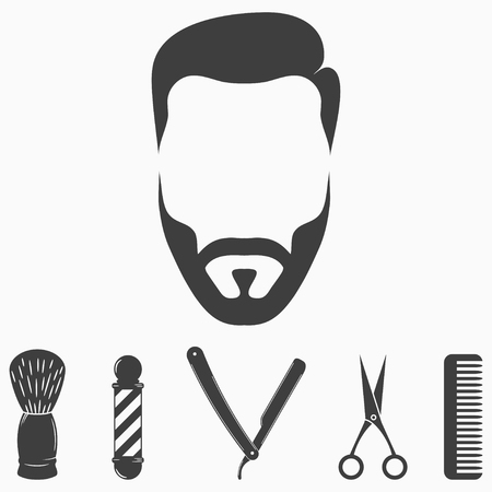Set of barber shop elements. Collection icons for hair salon design. Face of man. Vector illustration.のイラスト素材
