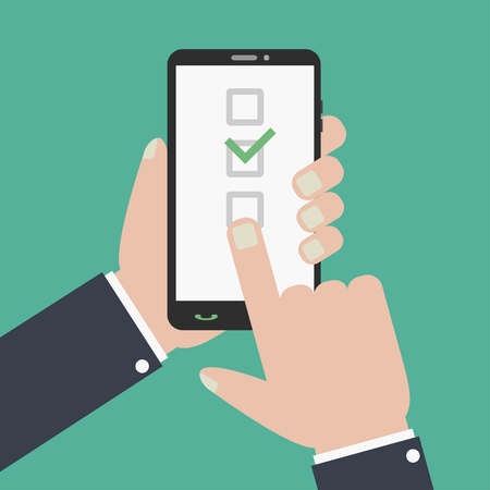 Checkboxes and checkmark on smartphone screen. Hand holds phone, finger touches the screen. Flat design for web banners, web sites. Vector illustration.のイラスト素材