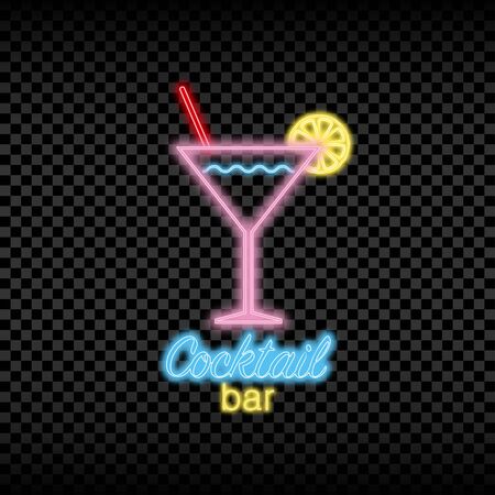 Neon light sign of cocktail bar. Glowing and shining bright signboard for night club logo. Vector illustration.のイラスト素材