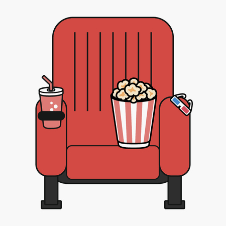 Cinema chair with popcorn, cup of drink and 3D glasses. Movie seat. Poster design, banner template. Vector illustration.のイラスト素材