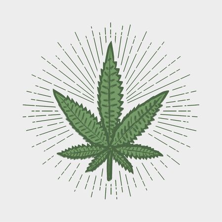 Cannabis leaf print. Marijuana stamp with sun ray. Label in vintage hipster style.のイラスト素材