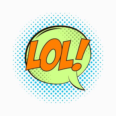 Comic speech bubble with emotions - LOL. Cartoon sketch of dialog effects in pop art style on dots halftone background. Vector illustration.のイラスト素材