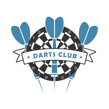Darts club logo. Template for sport emblem with dart, dartboard and ribbon. Vector illustration.のイラスト素材