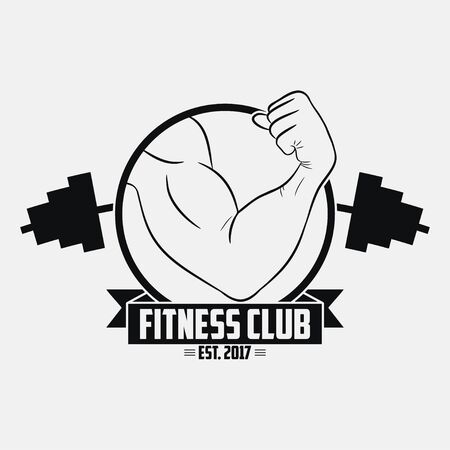 Fitness club. GYM logo with muscular hand and barbell . Typography graphic for t-shirt, design of sport apparel, clothes. Bodybuilding label. Vector illustration.のイラスト素材