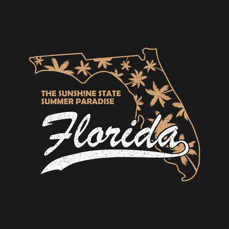 Florida state typography graphics for t-shirt, clothes. Grunge print for apparel with palm trees and map. Vector illustration.のイラスト素材