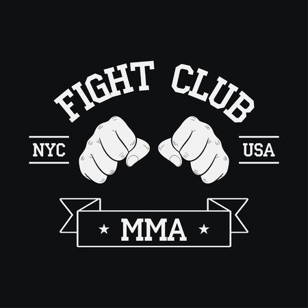 Fight Club emblem. NYC, USA. MMA, Mixed Martial Arts. Fighting typography for design clothes, t-shirts, apparel. Sport print with two fist and ribbon. Vector illustration.のイラスト素材