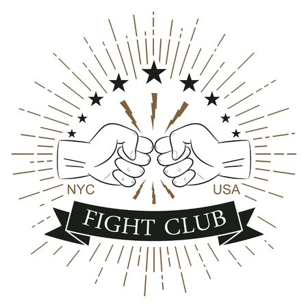 Fight club logo. Hipster style. Print for design clothes, t-shirt stamp with sunray, lightning and fist. Typography of athletic apparel. Vector illustration.のイラスト素材