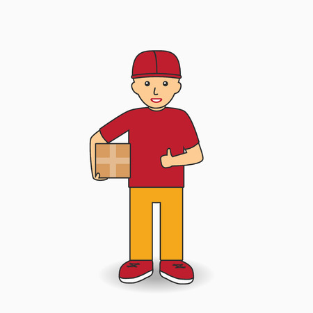 Delivery Services Worker in uniform. Courier man holding a box. Vector illustration.のイラスト素材