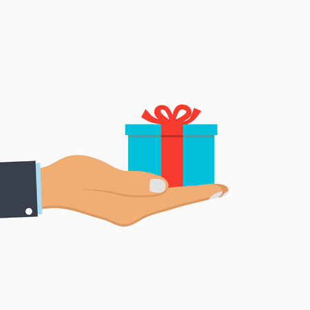 Gift box with ribbon in hand. Man holds gift-box in palm. Surprise, present. Vector illustration.のイラスト素材