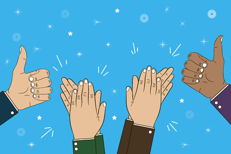 Hands clapping, applause and thumb up gesture - bravo. Congratulations concept illustration. Vector in cartoon style.のイラスト素材