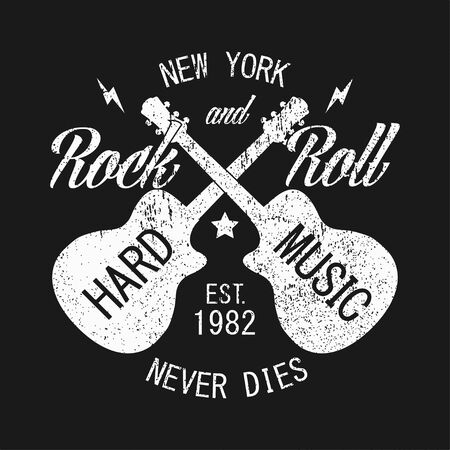 New York rock and roll grunge print for apparel with guitar. Typography emblem for t-shirt with slogan: Hard music - never dies. Design for vintage clothes. Vector illustration.のイラスト素材