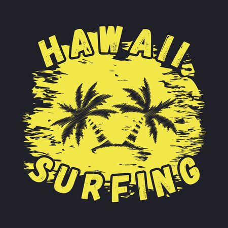 Hawaii surfing typography for design clothes, t-shirts with palm trees. Graphics for print product, apparel. Vector illustration.のイラスト素材
