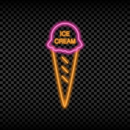 Neon light sign of ice cream. Glowing and shining bright signboard of cafe logo. Vector illustration.のイラスト素材