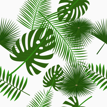 Tropical palm leaves seamless pattern, background with jungle leaf. Backdrop with exotic plants. Vector illustration.のイラスト素材