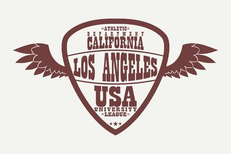 Los Angeles, California athletic apparel logo with wings. Sports t-shirt graphics, university league design clothes in shield form. Vector illustration.のイラスト素材
