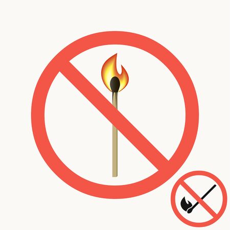 No open fire sign. Set of prohibitory signs with burning match in a round crossed out red frame. Vector illustration.のイラスト素材