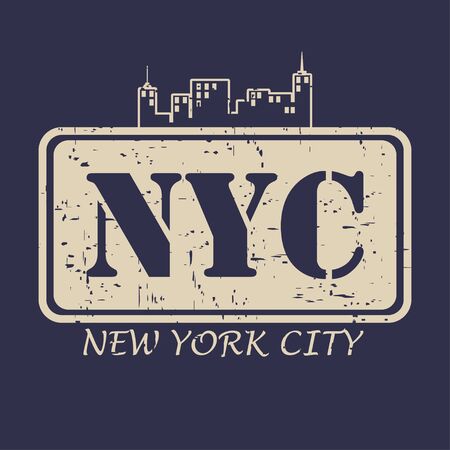 NYC, New York City typography for design clothes, t-shirts. Silhouette of the city skyline - architecture and buildings. Graphics for print product. Vector illustration.のイラスト素材