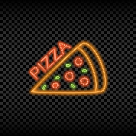 Neon light sign of pizza cafe. Glowing and shining bright signboard for pizzeria  . Vector illustration.のイラスト素材
