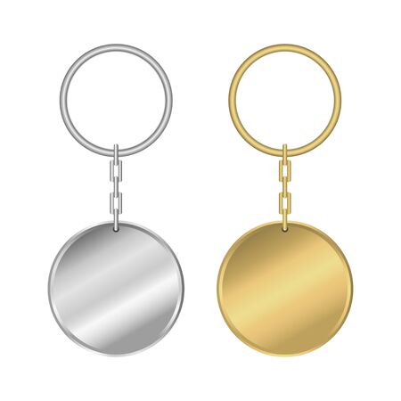 Metal keychain. Set of realistic golden and silver round shape keyring. Vector illustration.のイラスト素材
