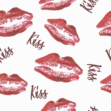 Lipstick kiss seamless pattern. Realistic lips background for textile product. Design clothes, t-shirts, wallpaper, packing paper. Vector Illustration.