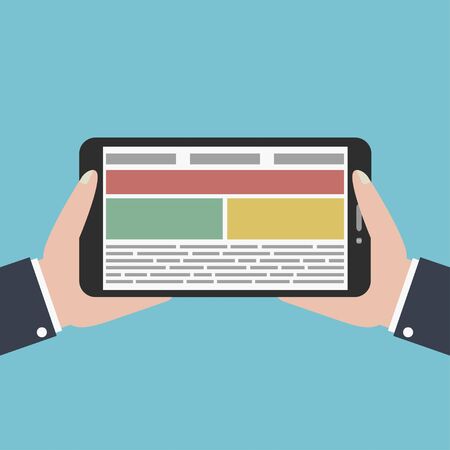 Hands holds digital tablet. Flat design concept for web banners, web sites. Vector illustration.のイラスト素材