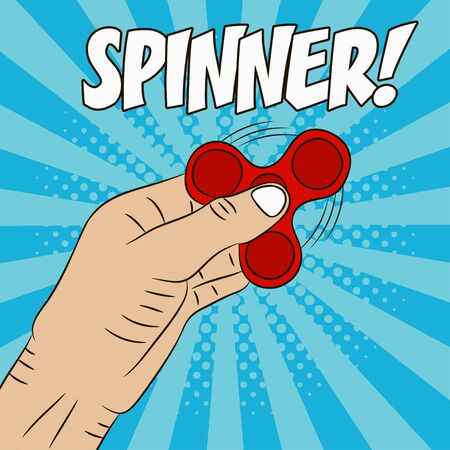 Hand holding spinner. Drawn fidget spinner in cartoon style. Comic illustration in pop art retro style at sunburst background with dot halftone effect. Vector.のイラスト素材