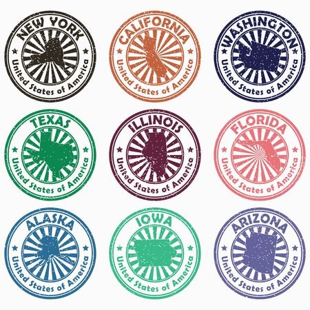 USA stamps with the name and map of states. Set of vintage grunge signs of United States of America. Vector illustration.のイラスト素材