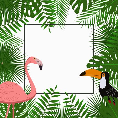 Tropical card, poster or banner template with jungle palm tree leaves, pink flamingo and toucan bird. Exotic background with space for text. Vector illustration.のイラスト素材