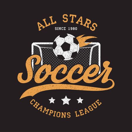 Soccer sports apparel with football goal and fiery ball. Typography emblem for t-shirt. Design for athletic clothes print. Vector illustration.のイラスト素材
