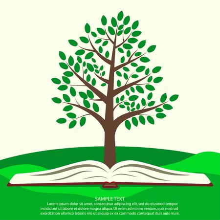 Green tree grows from open book. Ecology infographics concept, template for ecological print product. Vector illustration.のイラスト素材