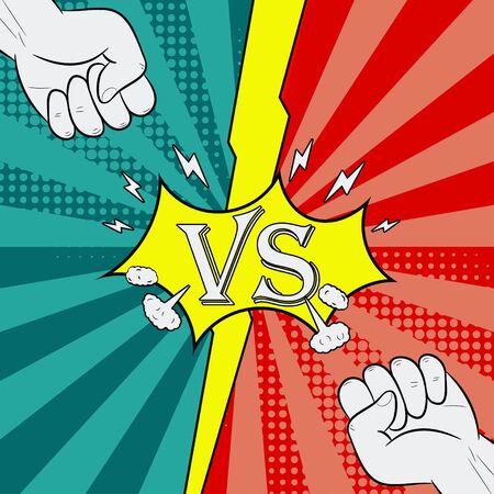 Versus with fist. Fighting background of comic style. Intro page of heroes battle. Vector illustration.のイラスト素材