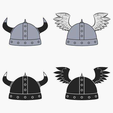 Viking helmet set with horns and wings. Protective armor for the head. Vector illustration.のイラスト素材