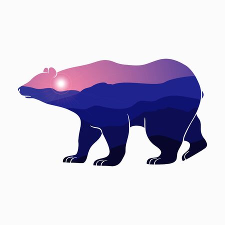 Bear and nature double exposure - animal silhouette with mountain landscape and sun. Modern trendy illustration for logo. Vector.のイラスト素材