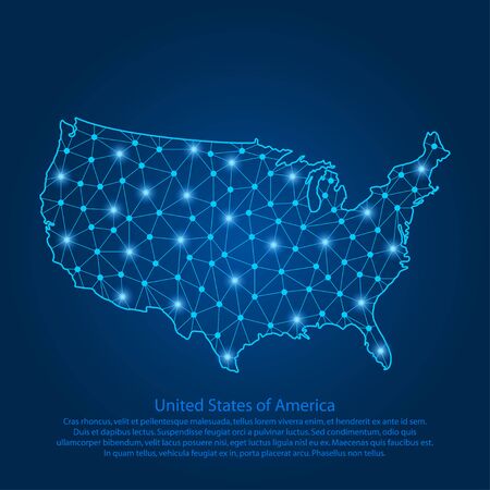 Abstract map of the USA created from lines, bright points and polygons in the form of starry sky, space and planets. Map of United States of America with stars, universe and connected line. Vector.のイラスト素材