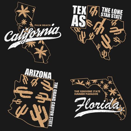California, Texas, Arizona and Florida typography graphics set for t-shirt, clothes. Grunge print for apparel with palm trees, cactus and map. Vector illustration.のイラスト素材